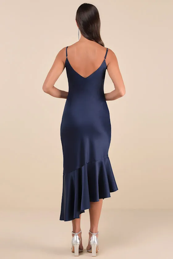 Strictly Romance Navy Satin Asymmetrical Tiered Midi Dress sold by Lulus product image thumbnail 3