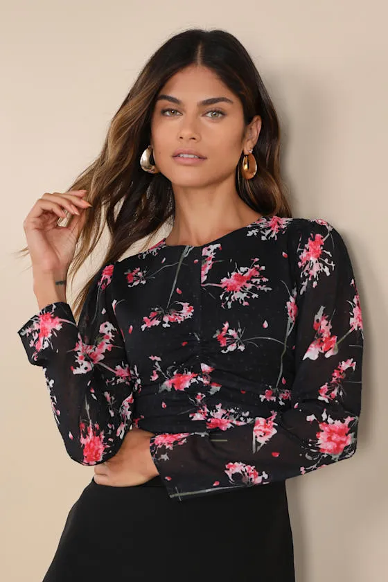 Covetable Pick Black Floral Textured Ruched Long Sleeve Top sold by Lulus