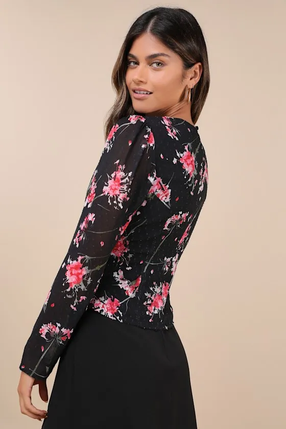 Covetable Pick Black Floral Textured Ruched Long Sleeve Top sold by Lulus product image thumbnail 3
