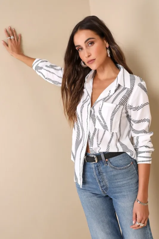 Abstract Artist Black and White Print Long Sleeve Button-Up Top sold by Lulus
