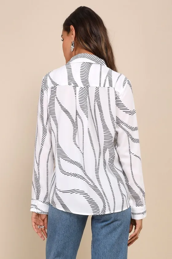 Abstract Artist Black and White Print Long Sleeve Button-Up Top sold by Lulus product image thumbnail 2