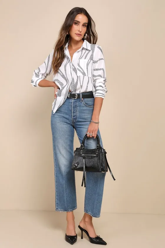 Abstract Artist Black and White Print Long Sleeve Button-Up Top sold by Lulus product image thumbnail 3