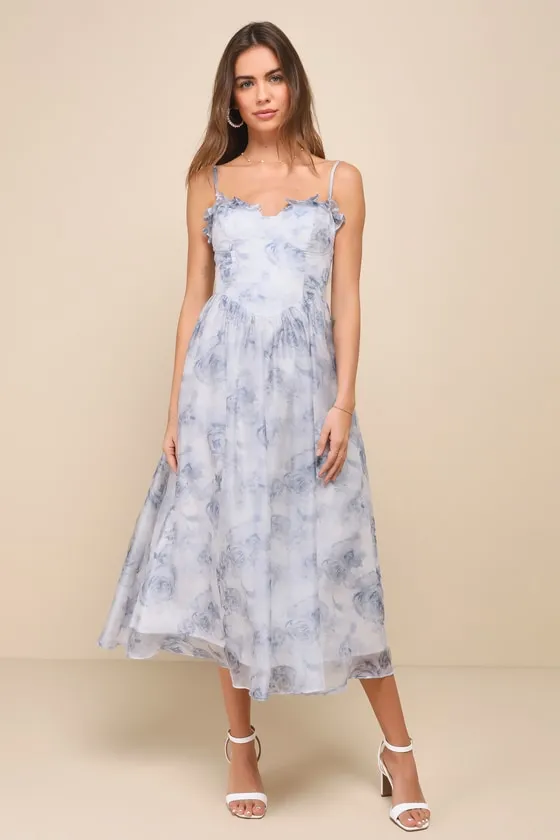 Graceful Simplicity Blue Floral Print Bustier Midi Dress sold by Lulus