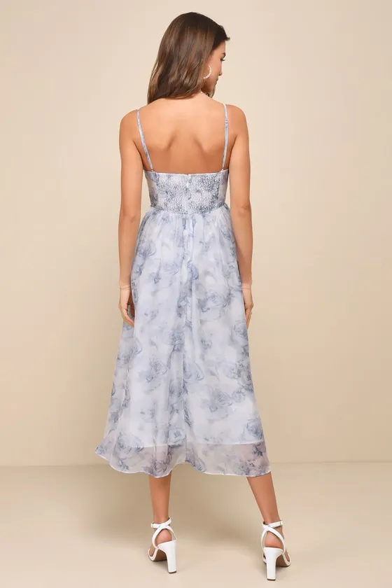 Graceful Simplicity Blue Floral Print Bustier Midi Dress sold by Lulus product image thumbnail 3