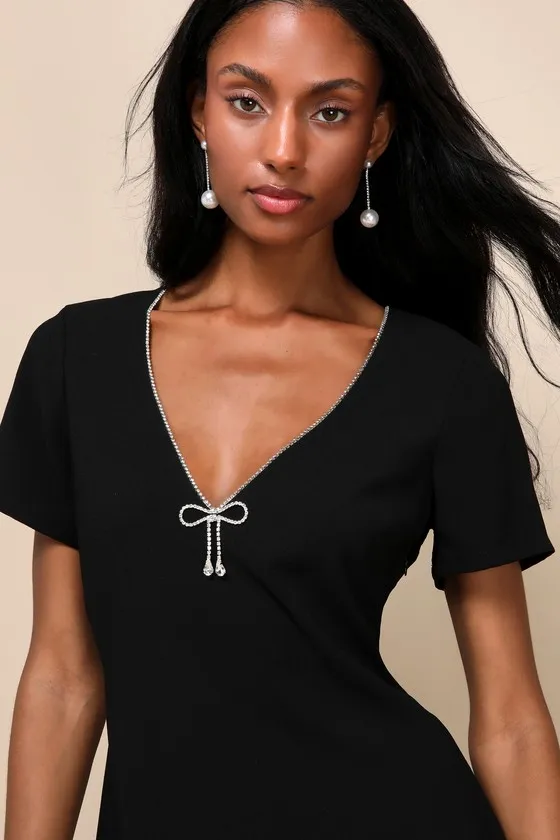 Charming Sparkle Black Rhinestone Bow Short Sleeve Mini Dress sold by Lulus product image thumbnail 4