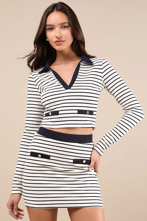 Uptown Aura Ivory Striped High-Waisted Mini Skirt sold by Lulus