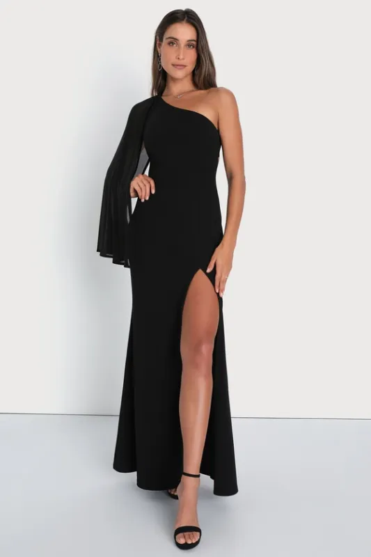 Taylor | Black One Sleeve Maxi Dress with Cape Detailing and