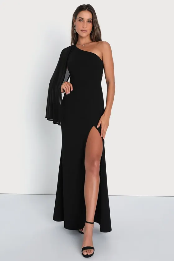 Majestic Attitude Black Cape Sleeve One-Shoulder Maxi Dress sold by Lulus