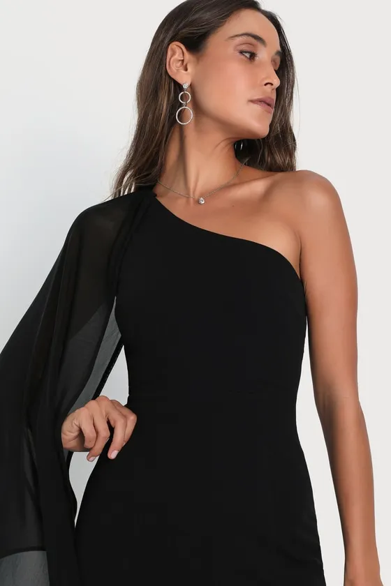 Majestic Attitude Black Cape Sleeve One-Shoulder Maxi Dress sold by Lulus product image thumbnail 4
