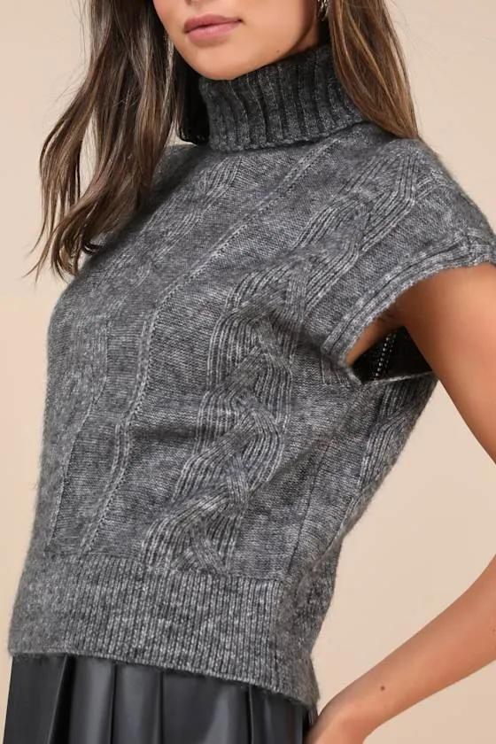 Luxe Coziness Heather Charcoal Cable Knit Oversized Sweater Top sold by Lulus product image thumbnail 4