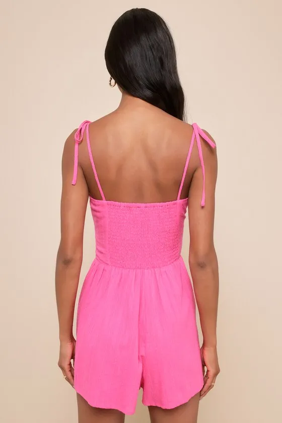 Sincerely Flirty Hot Pink Textured Tie-Strap Button-Front Romper sold by Lulus product image thumbnail 3