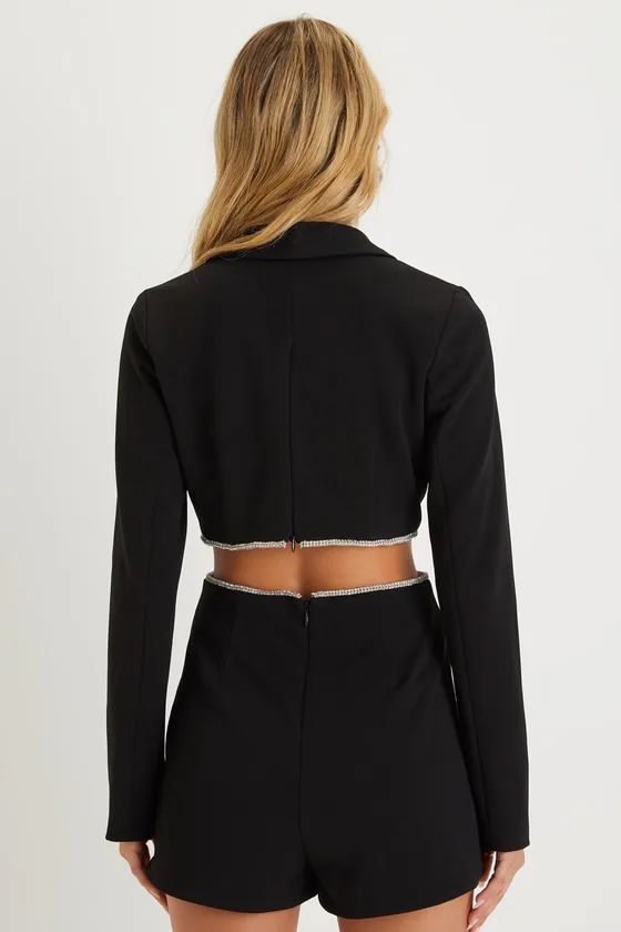 Sparkling Delight Black Rhinestone Cutout Collared Romper sold by Lulus product image thumbnail 2