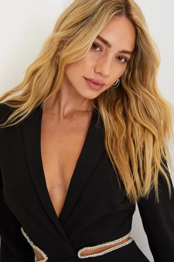 Sparkling Delight Black Rhinestone Cutout Collared Romper sold by Lulus product image thumbnail 4