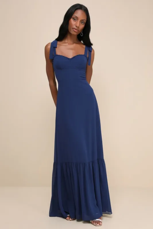Truly Gorgeous Dark Blue Ruffled Bustier Tie-Strap Maxi Dress sold by Lulus