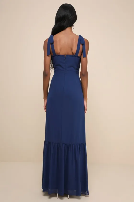 Truly Gorgeous Dark Blue Ruffled Bustier Tie-Strap Maxi Dress sold by Lulus product image thumbnail 2