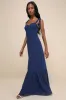 Truly Gorgeous Dark Blue Ruffled Bustier Tie-Strap Maxi Dress sold by Lulus