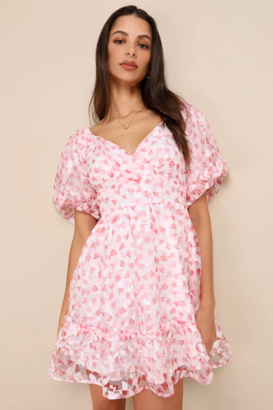 Airy Beauty Pink Floral Burnout Puff Sleeve Tiered Mini Dress sold by Lulus