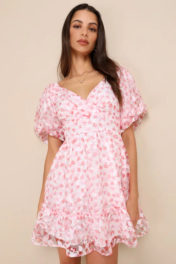 Airy Beauty Pink Floral Burnout Puff Sleeve Tiered Mini Dress sold by Lulus