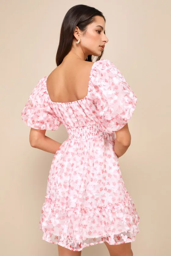 Airy Beauty Pink Floral Burnout Puff Sleeve Tiered Mini Dress sold by Lulus product image thumbnail 2