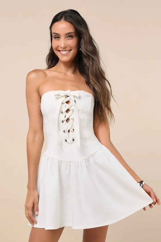 Infinite Allure White Strapless Lace-Up Drop Waist Mini Dress sold by Lulus