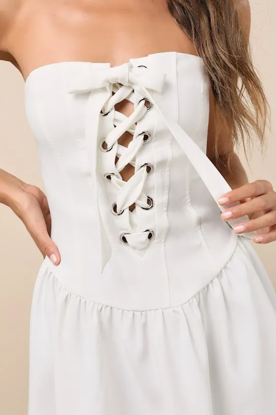 Infinite Allure White Strapless Lace-Up Drop Waist Mini Dress sold by Lulus product image thumbnail 4