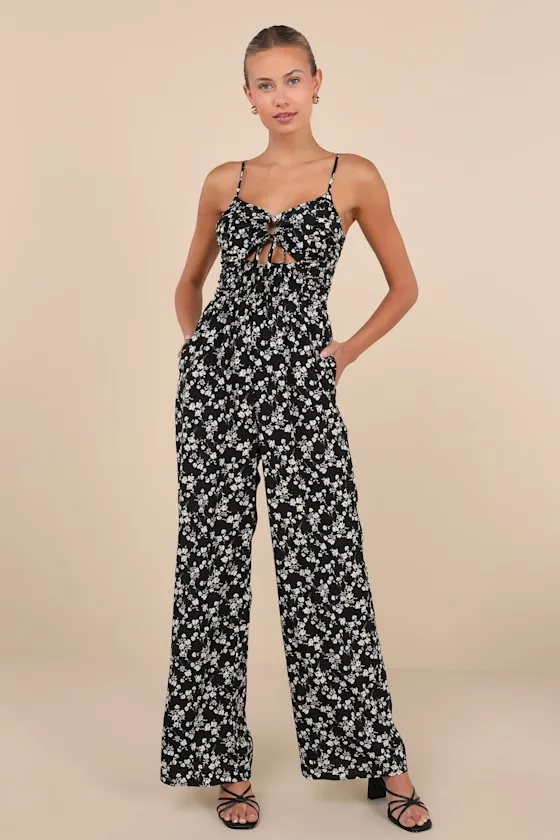 Darling Upgrade Black Floral Cutout Tie-Back Wide-Leg Jumpsuit sold by Lulus