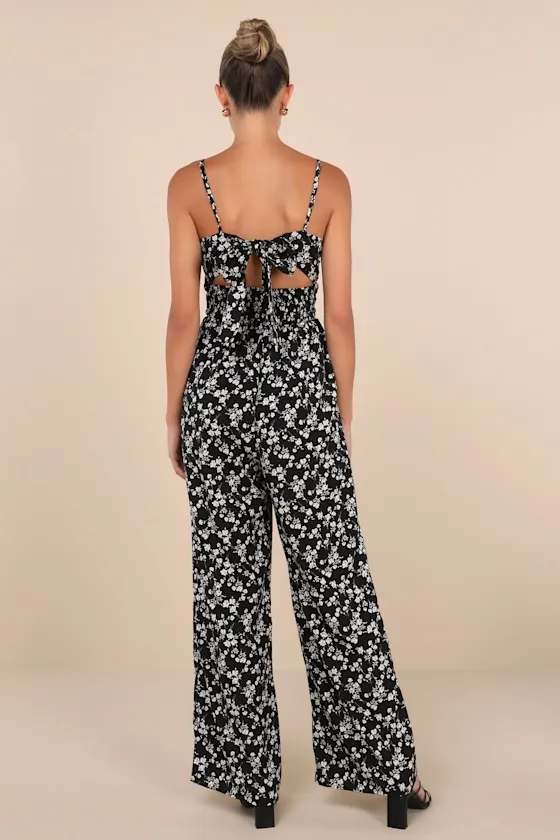 Darling Upgrade Black Floral Cutout Tie-Back Wide-Leg Jumpsuit sold by Lulus product image thumbnail 2