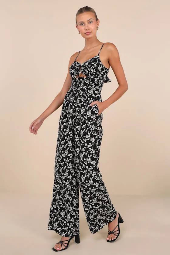 Darling Upgrade Black Floral Cutout Tie-Back Wide-Leg Jumpsuit sold by Lulus product image thumbnail 3