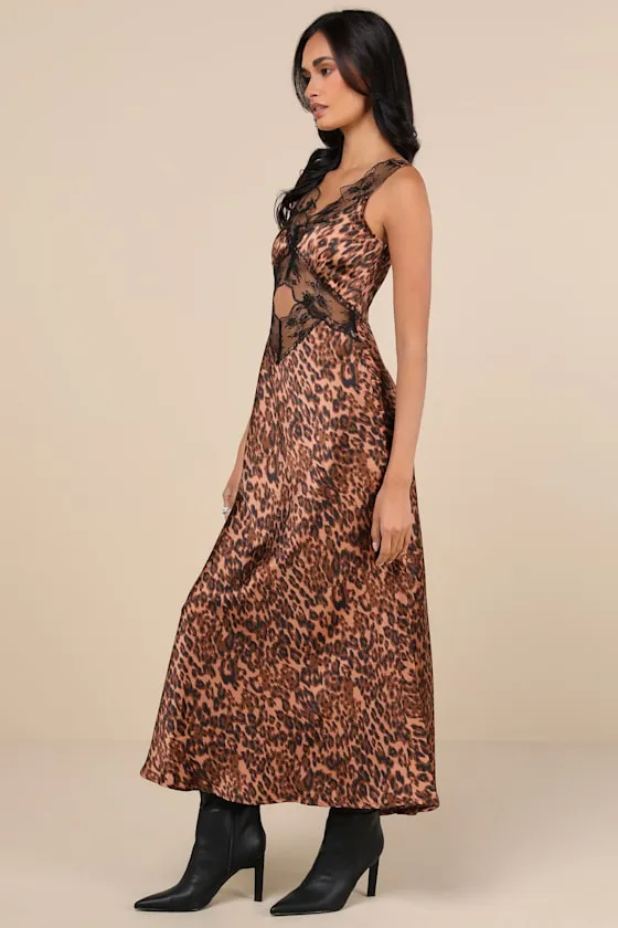 Kelsey Brown Leopard Print Satin Lace Cutout Midi Dress sold by Lulus product image thumbnail 3