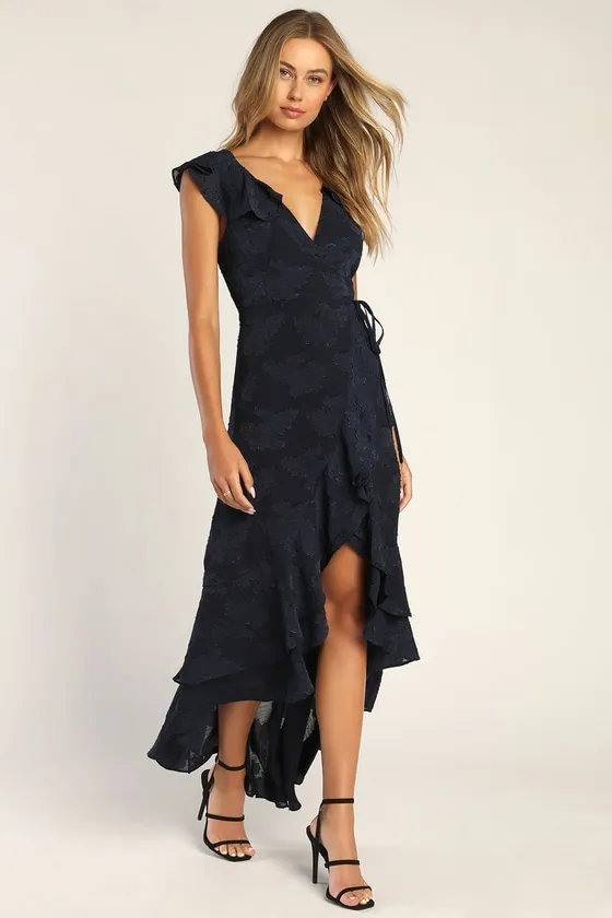 Adorable Aura Navy Blue Floral Burnout High-Low Wrap Dress sold by Lulus