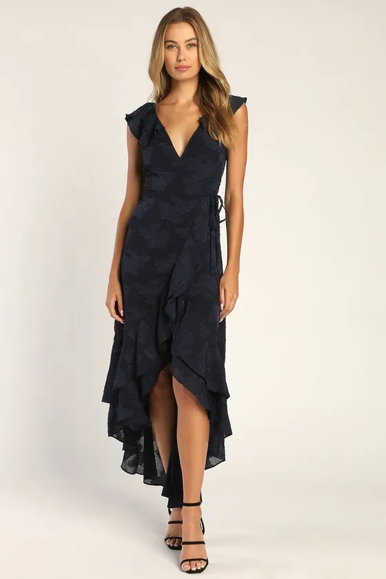 Adorable Aura Navy Blue Floral Burnout High-Low Wrap Dress sold by Lulus product image thumbnail 2