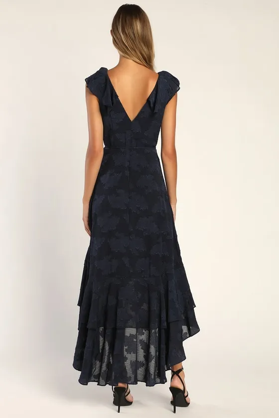 Adorable Aura Navy Blue Floral Burnout High-Low Wrap Dress sold by Lulus product image thumbnail 3