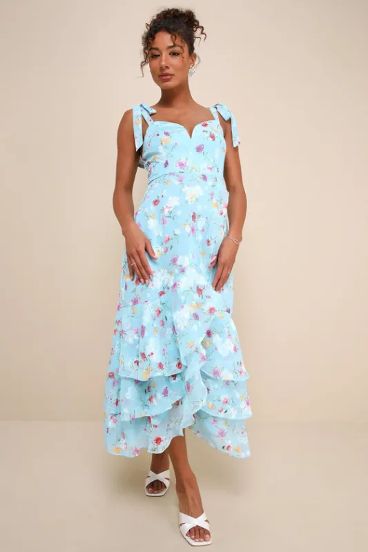 So Elevated Blue Floral Jacquard Tie-Strap High-Low Midi Dress sold by Lulus