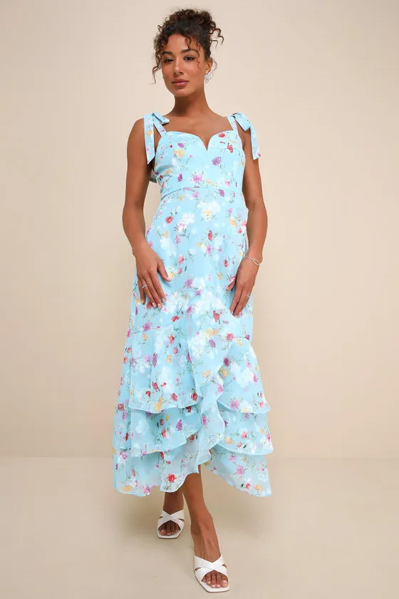 So Elevated Blue Floral Jacquard Tie-Strap High-Low Midi Dress sold by Lulus