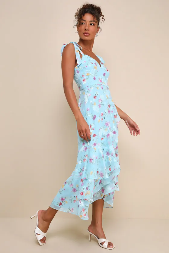 So Elevated Blue Floral Jacquard Tie-Strap High-Low Midi Dress sold by Lulus product image thumbnail 2