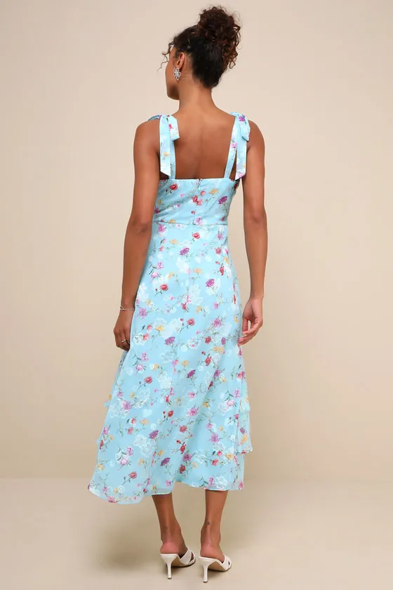 So Elevated Blue Floral Jacquard Tie-Strap High-Low Midi Dress sold by Lulus product image thumbnail 3
