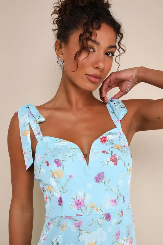 So Elevated Blue Floral Jacquard Tie-Strap High-Low Midi Dress sold by Lulus product image thumbnail 4