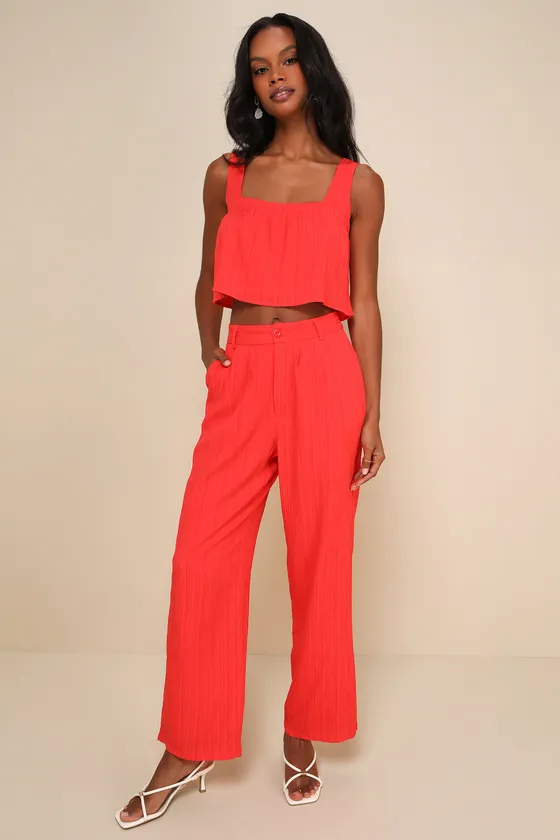 Coolest Allure Coral Red Textured Square Neck Cropped Tank Top sold by Lulus