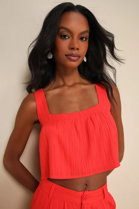 Coolest Allure Coral Red Textured Square Neck Cropped Tank Top sold by Lulus product image thumbnail 2
