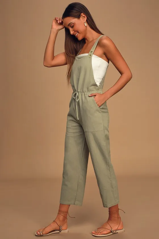 Verona Sage Green Drawstring Wide-Leg Jumpsuit sold by Lulus