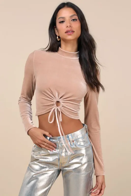 Lucky Moments Beige Velvet Drawstring Cutout Crop Top made by Lulus