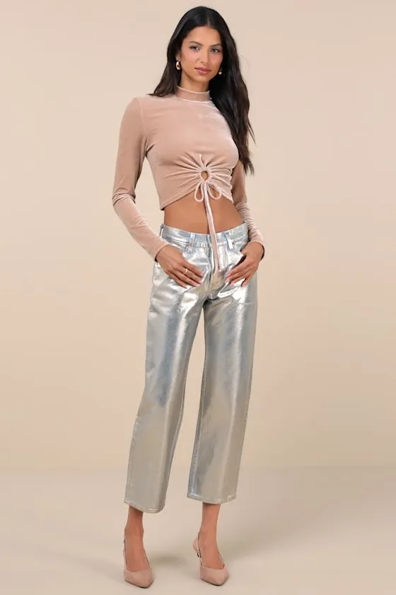 Lucky Moments Beige Velvet Drawstring Cutout Crop Top sold by Lulus product image thumbnail 3