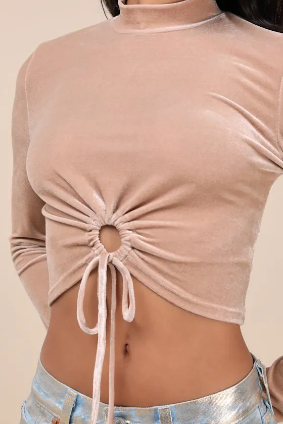 Lucky Moments Beige Velvet Drawstring Cutout Crop Top sold by Lulus product image thumbnail 4