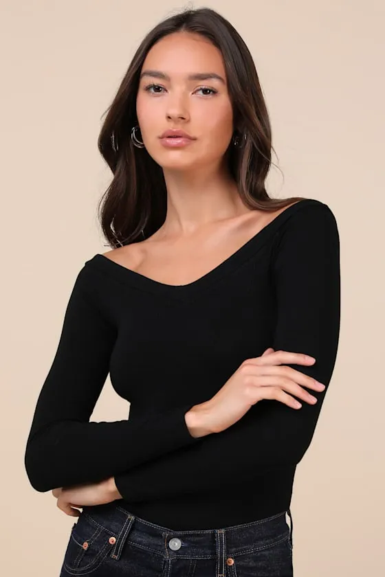 Simply Polished Black Ribbed Off-the-Shoulder Bodysuit sold by Lulus