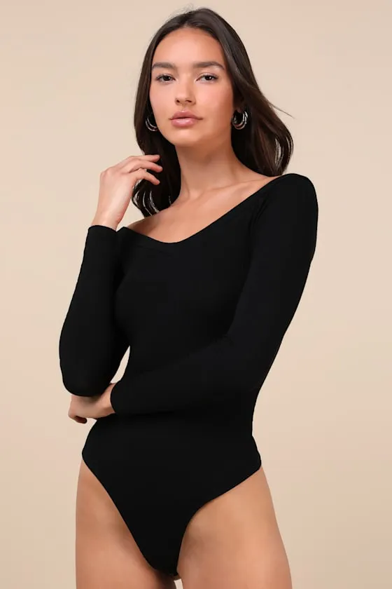 Simply Polished Black Ribbed Off-the-Shoulder Bodysuit sold by Lulus product image thumbnail 4