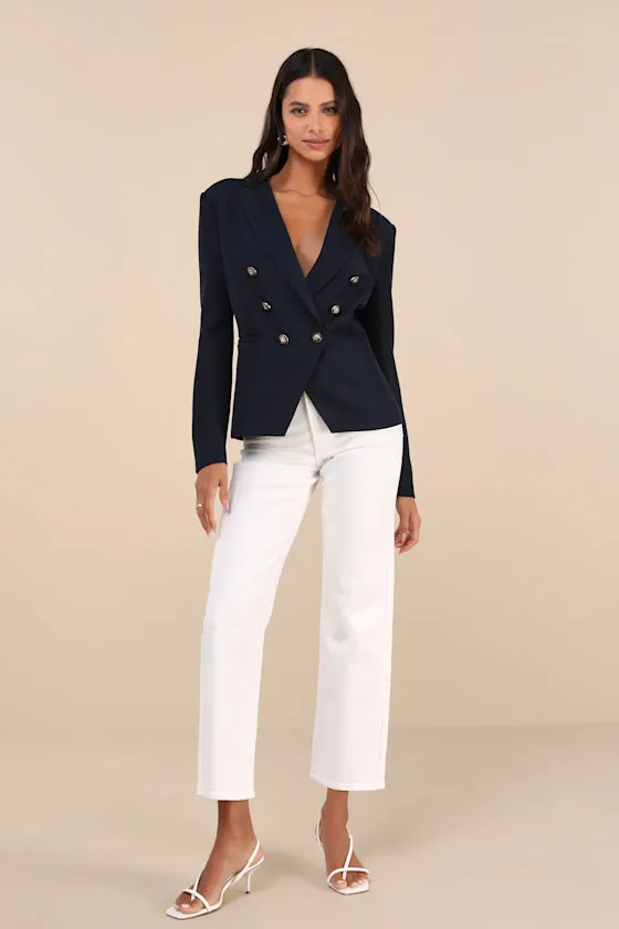 Major Poise Navy Blue Twill Double-Breasted Blazer sold by Lulus product image thumbnail 2