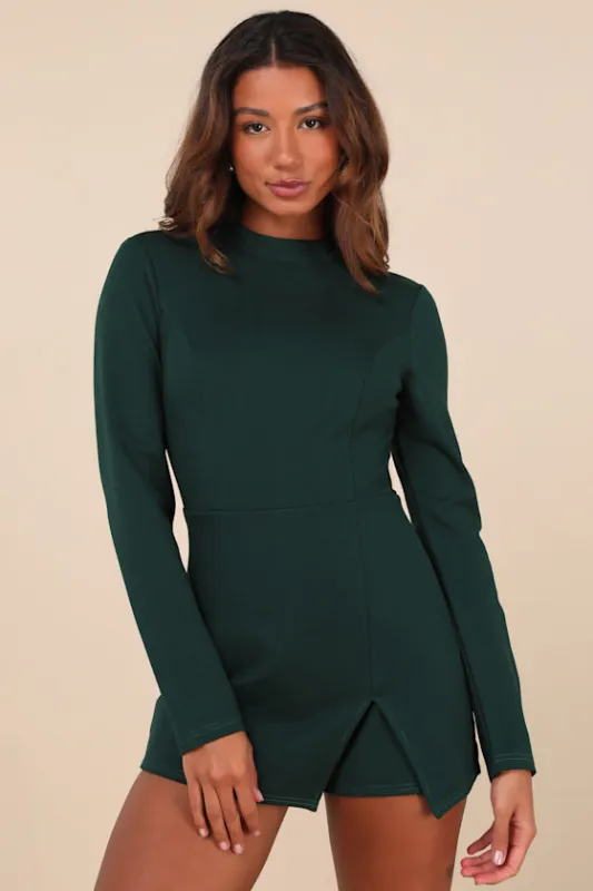 Undeniably Stylish Emerald Backless Long Sleeve Skort Romper sold by Lulus