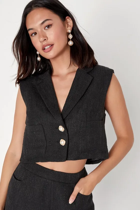 Perfect Company Black Tweed Sleeveless Cropped Blazer sold by Lulus