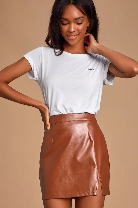 Corte Brown Vegan Leather Mini Skirt sold by Lulus