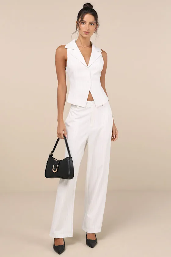 Chic Viewpoint White Pinstriped Straight Leg Trousers sold by Lulus